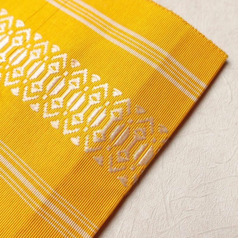 名古屋帯 献上柄 全通柄 正絹 縞柄・線柄 松葉仕立て 帯 黄・黄土色_画像7