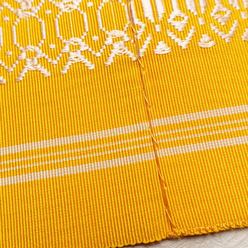 名古屋帯 献上柄 全通柄 正絹 縞柄・線柄 松葉仕立て 帯 黄・黄土色_画像19