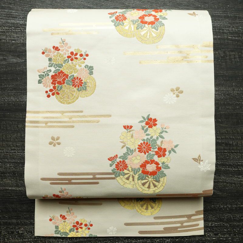 名古屋帯 六通柄 正絹 古典柄 名古屋仕立て 箔 帯 白 | 六通柄 古着