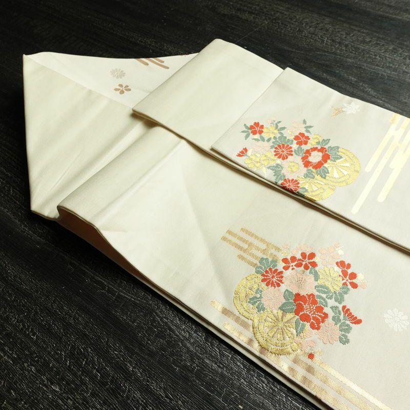 名古屋帯 六通柄 正絹 古典柄 名古屋仕立て 箔 帯 白_画像21