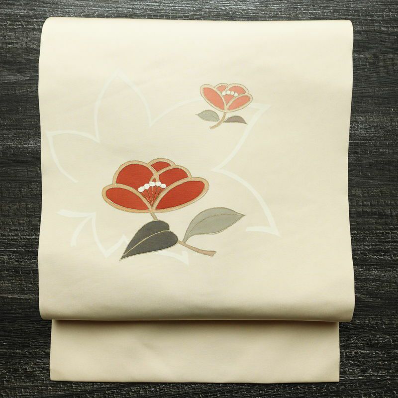 名古屋帯 太鼓柄 正絹 花柄 名古屋仕立て 箔 刺繍 金彩 帯 クリーム_画像1