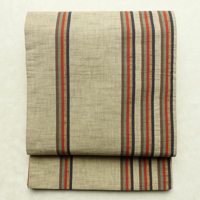 名古屋帯 全通柄 正絹 縞柄・線柄 通し仕立て 帯 ベージュ_画像1