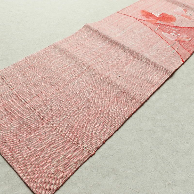 名古屋帯 太鼓柄 美品 正絹 花柄 松葉仕立て 帯 紬地 ピンク_画像9