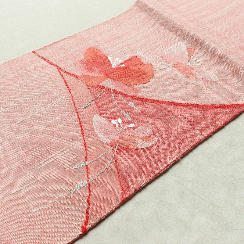 名古屋帯 太鼓柄 美品 正絹 花柄 松葉仕立て 帯 紬地 ピンク_画像12