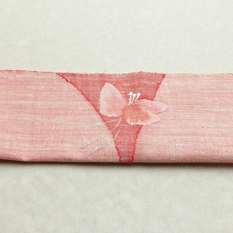 名古屋帯 太鼓柄 美品 正絹 花柄 松葉仕立て 帯 紬地 ピンク_画像15