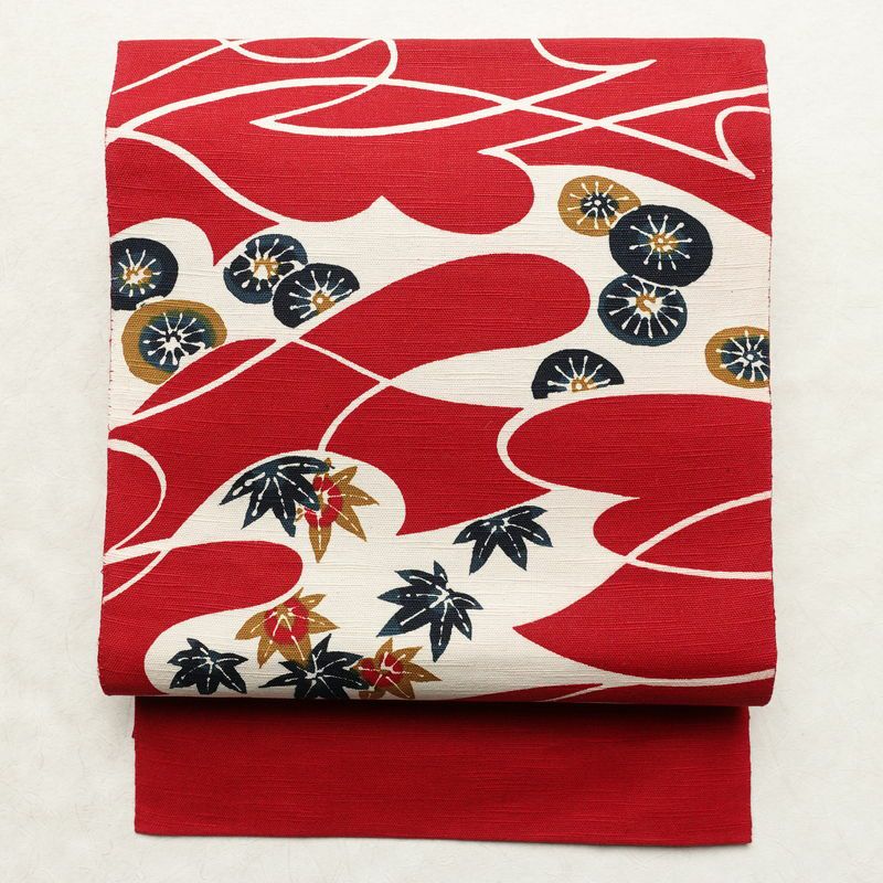 名古屋帯 全通柄 正絹 古典柄 松葉仕立て 帯 赤・朱_画像1