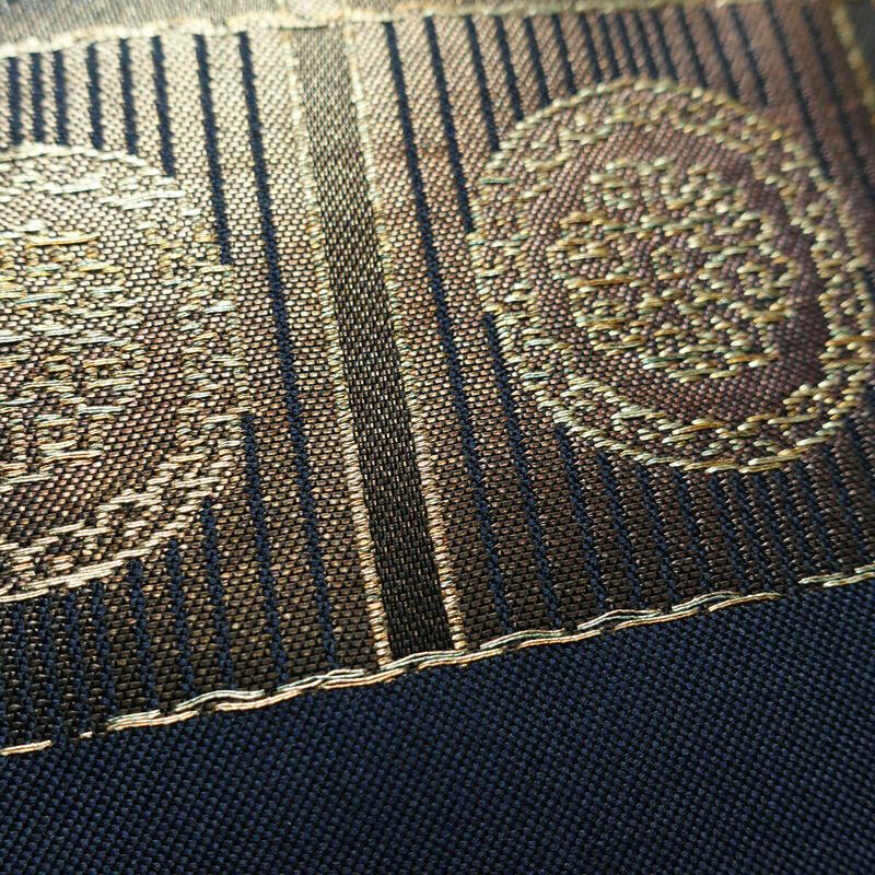 名古屋帯 太鼓柄 正絹 幾何学柄・抽象柄 名古屋仕立て 箔 帯 青・紺_画像4