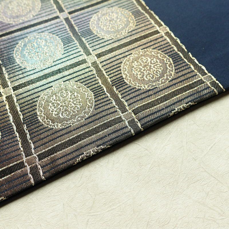 名古屋帯 太鼓柄 正絹 幾何学柄・抽象柄 名古屋仕立て 箔 帯 青・紺_画像13