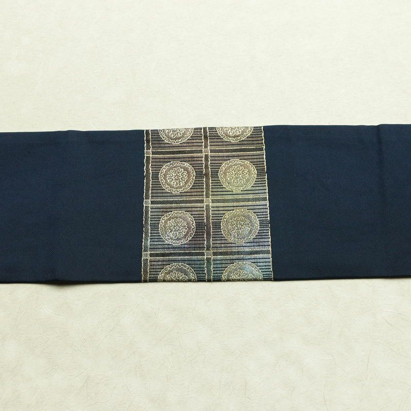 名古屋帯 太鼓柄 正絹 幾何学柄・抽象柄 名古屋仕立て 箔 帯 青・紺_画像15