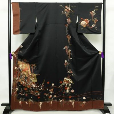 訪問着 良品 金駒刺繍 正絹 古典柄 袷仕立て 身丈166cm 裄丈67.5cm 箔 刺繍 金彩 フォーマル 着物 黒