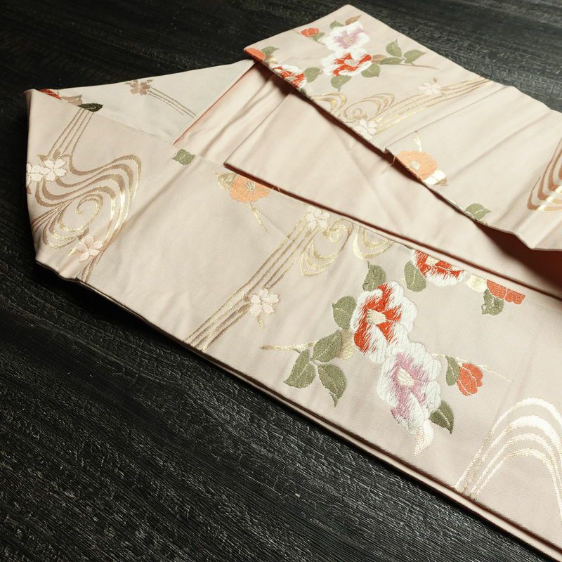 名古屋帯 六通柄 正絹 花柄 名古屋仕立て 箔 帯 ピンク_画像21