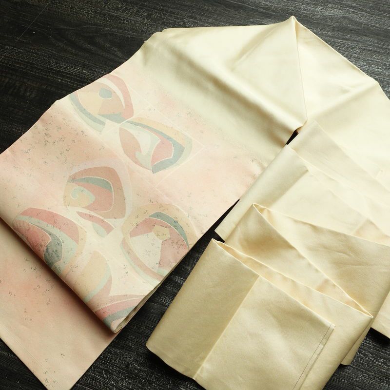 名古屋帯 太鼓柄 正絹 幾何学柄・抽象柄 名古屋仕立て 箔 帯 クリーム_画像17