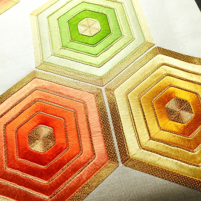 名古屋帯 太鼓柄 金駒刺繍 正絹 亀甲柄 名古屋仕立て 刺繍 金糸 帯 金・銀_画像3