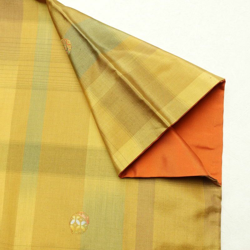 紬 アンサンブル セット品 正絹 チェック・格子柄 袷仕立て 身丈163cm 裄丈67cm 着物 黄・黄土色_画像11