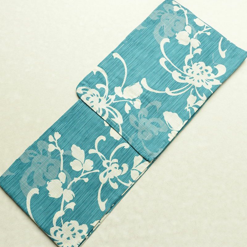 新品 浴衣 女性用 綿麻 高級変わり織 古典柄 花柄 菊柄 ゆかた 未使用品 しつけ糸付き くすみカラー くすみターコイズ モダン 上品 乱菊_画像1