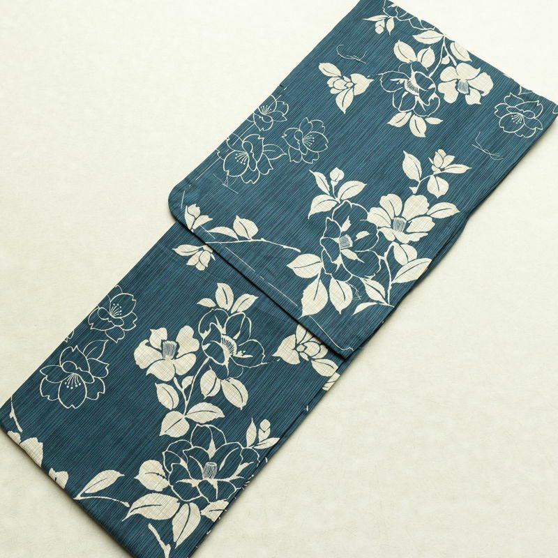 新品 浴衣 女性用 綿麻 高級変わり織 古典柄 花柄 椿柄 ゆかた 未使用品 しつけ糸付き レトロ くすみカラー モダン_画像1