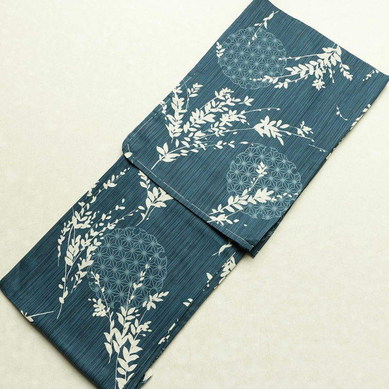 新品 浴衣 女性用 綿麻 高級変わり織 古典柄 ゆかた 未使用品 しつけ糸付き 二十緑 シック モダン 雪輪 麻の葉_画像1