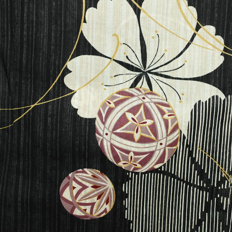 新品 浴衣 女性用 綿 平織 古典柄 ゆかた 未使用品 しつけ糸付き 黒 レトロ モダン まり 桜_画像3