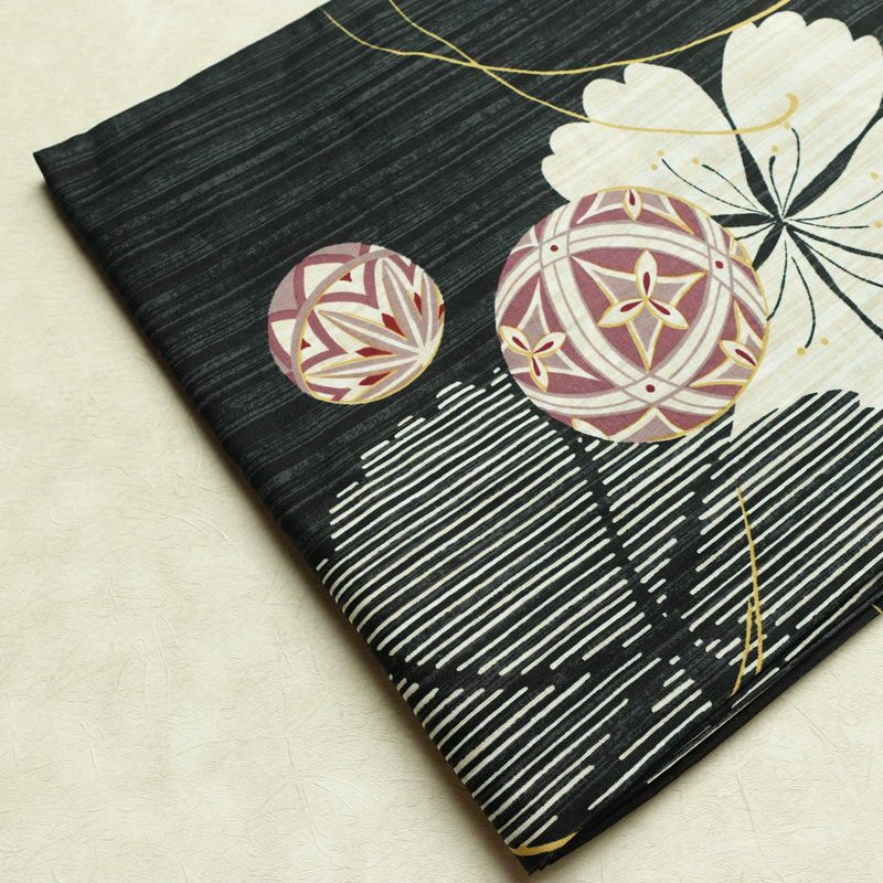 新品 浴衣 女性用 綿 平織 古典柄 ゆかた 未使用品 しつけ糸付き 黒 レトロ モダン まり 桜_画像13