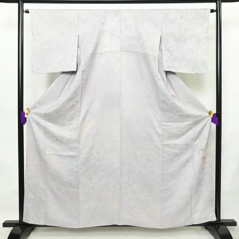 小紋 落款入り 正絹 木の葉・植物柄 袷仕立て 身丈159cm 裄丈64cm リサイクル着物 一部しつけ糸付き 着物 ぼかし 紫・藤色_画像1