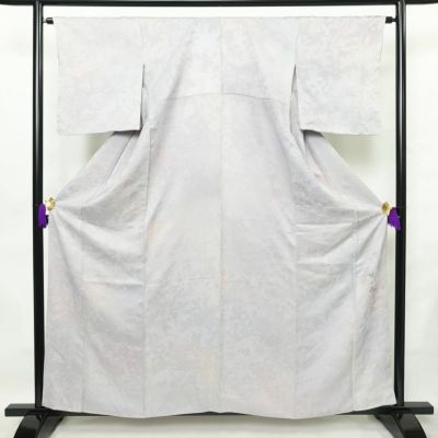 小紋 落款入り 正絹 木の葉・植物柄 袷仕立て 身丈159cm 裄丈64cm リサイクル着物 一部しつけ糸付き 着物 ぼかし 紫・藤色