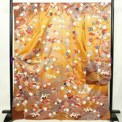 振袖 絞り 総絞り 正絹 花柄 袷仕立て 身丈159.5cm 裄丈65cm