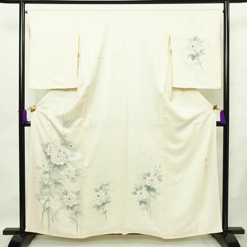 付け下げ 落款入り しつけ糸付き 正絹 花柄 袷仕立て 身丈159.5cm 裄丈67cm リサイクル着物 着物 手描き フォーマル 上品 白_画像1