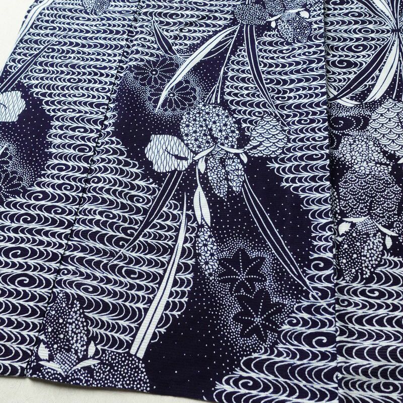 浴衣 美品 夏用 綿絽 バチ衿仕立て 綿 花柄 単衣仕立て 身丈144cm 裄丈66cm モダン 粋 青・紺_画像4