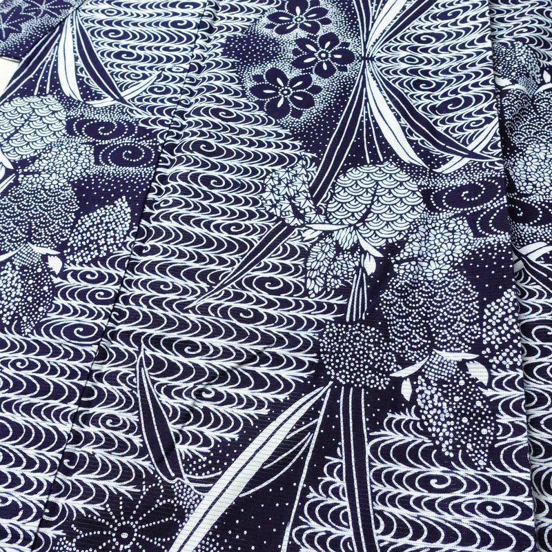 浴衣 美品 夏用 綿絽 バチ衿仕立て 綿 花柄 単衣仕立て 身丈144cm 裄丈66cm モダン 粋 青・紺_画像5