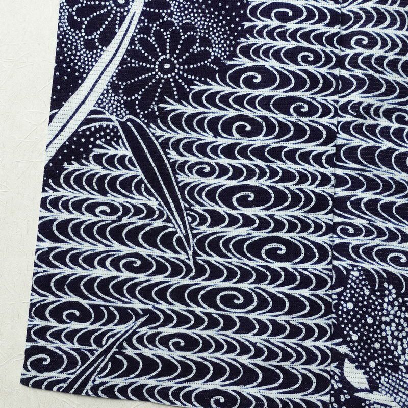 浴衣 美品 夏用 綿絽 バチ衿仕立て 綿 花柄 単衣仕立て 身丈144cm 裄丈66cm モダン 粋 青・紺_画像12