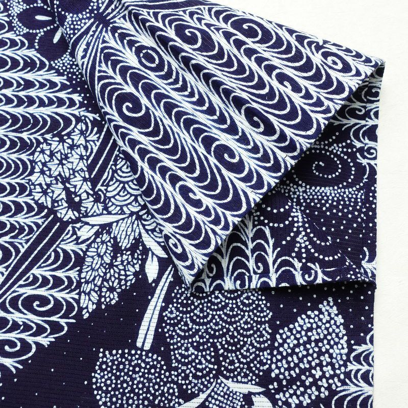 浴衣 美品 夏用 綿絽 バチ衿仕立て 綿 花柄 単衣仕立て 身丈144cm 裄丈66cm モダン 粋 青・紺_画像14