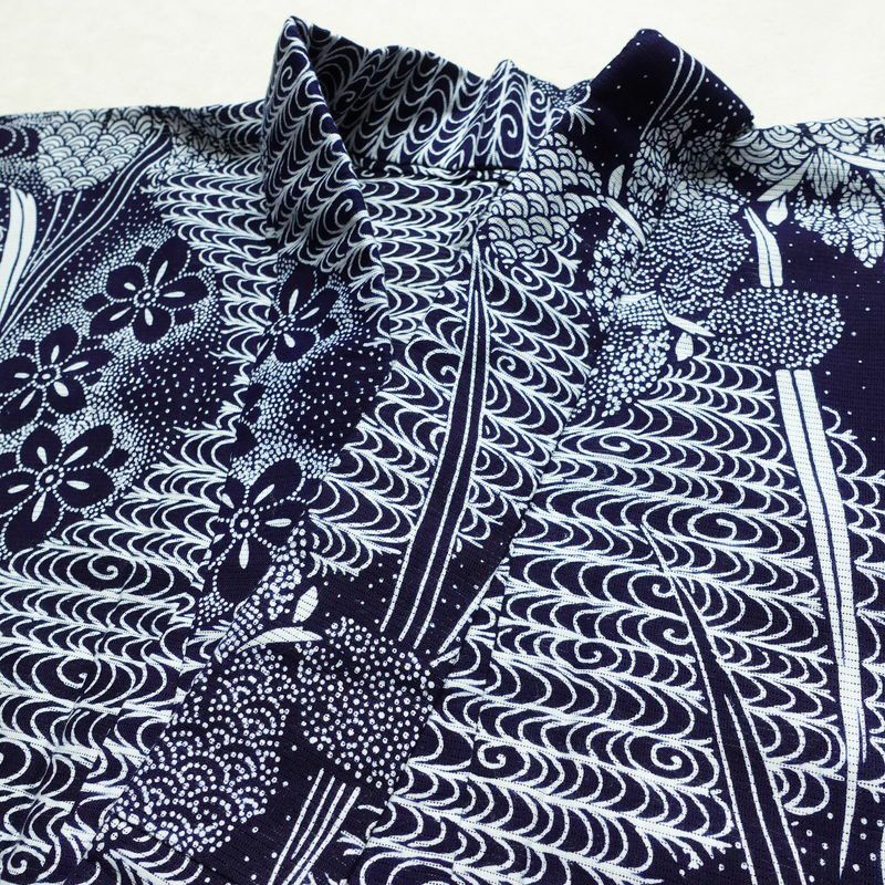 浴衣 美品 夏用 綿絽 バチ衿仕立て 綿 花柄 単衣仕立て 身丈144cm 裄丈66cm モダン 粋 青・紺_画像16