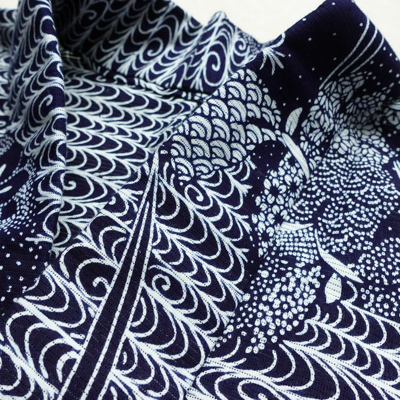 浴衣 美品 夏用 綿絽 バチ衿仕立て 綿 花柄 単衣仕立て 身丈144cm 裄丈66cm モダン 粋 青・紺_画像17