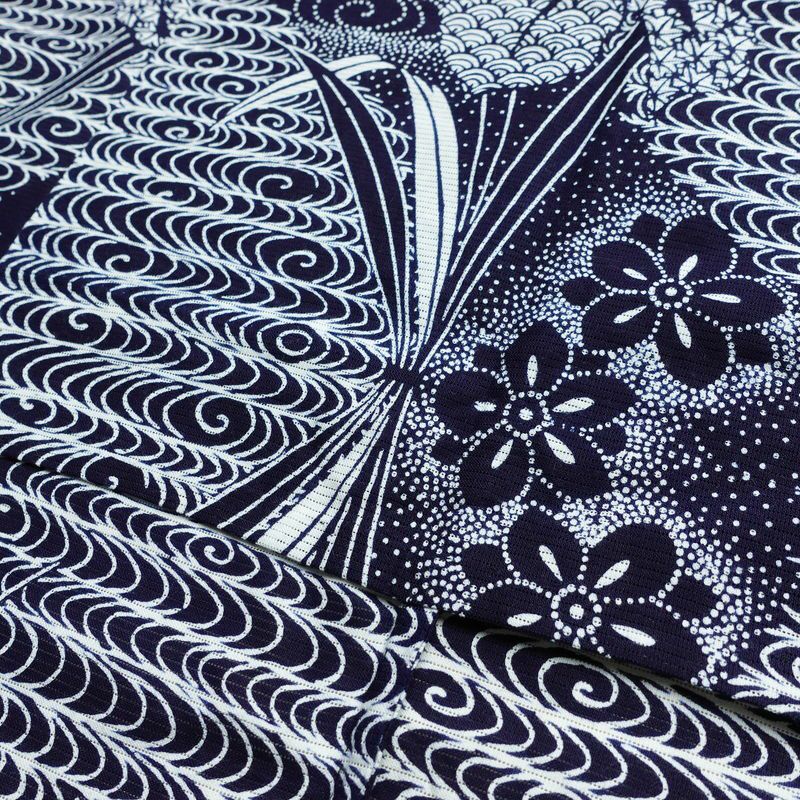 浴衣 美品 夏用 綿絽 バチ衿仕立て 綿 花柄 単衣仕立て 身丈144cm 裄丈66cm モダン 粋 青・紺_画像19