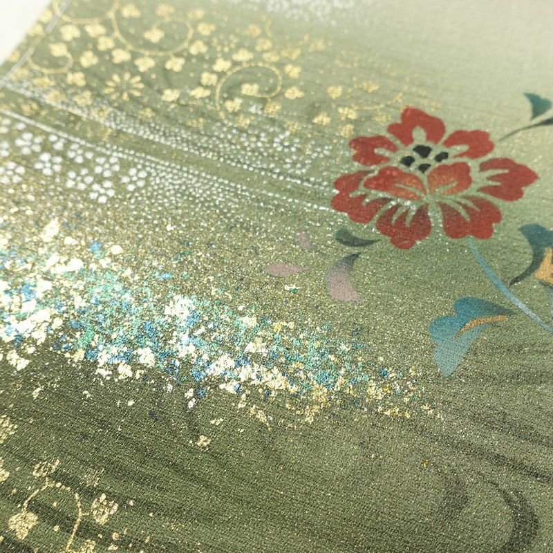 付け下げ 良品 しつけ糸付き 正絹 花柄 袷仕立て 身丈155.5cm 裄丈63cm リサイクル着物 着物 箔 金彩 銀彩 入学式 卒業式 七五三 お宮参り フォーマル 茶_画像8