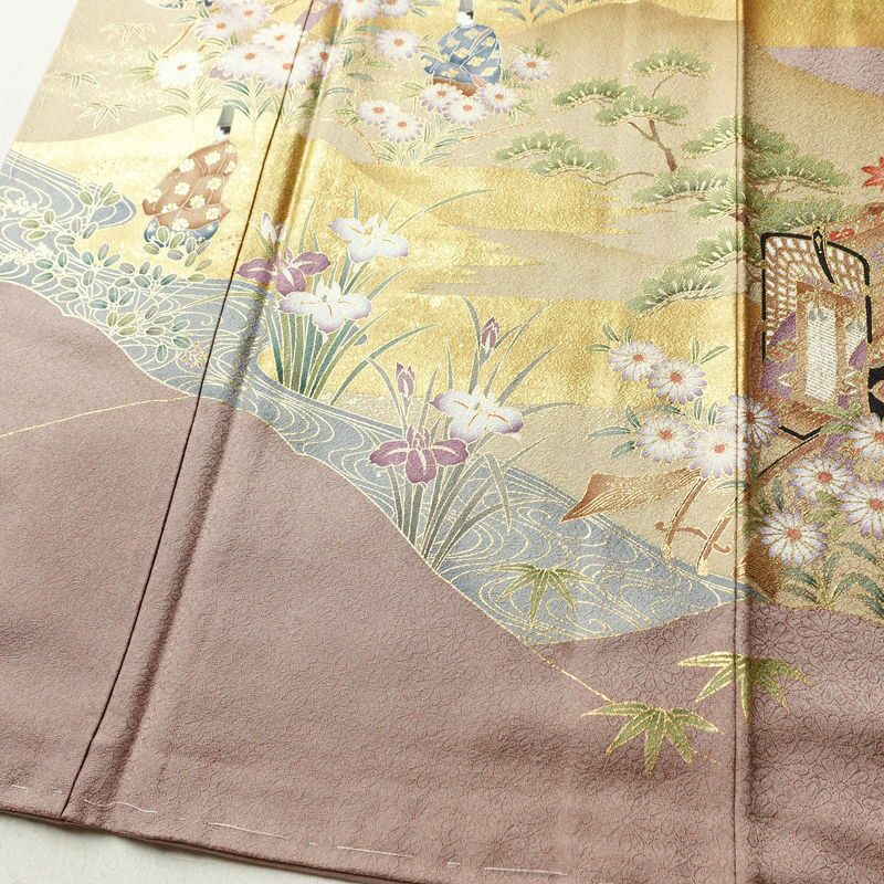 色留袖 良品 しつけ糸付き 一つ紋付き トールサイズ 正絹 風景柄 袷仕立て 身丈174cm 裄丈71cm リサイクル着物 着物 箔 引箔 金彩 結婚式 パーティー フォーマル 華やか 御所車 松 菊 小豆・エンジ_画像4