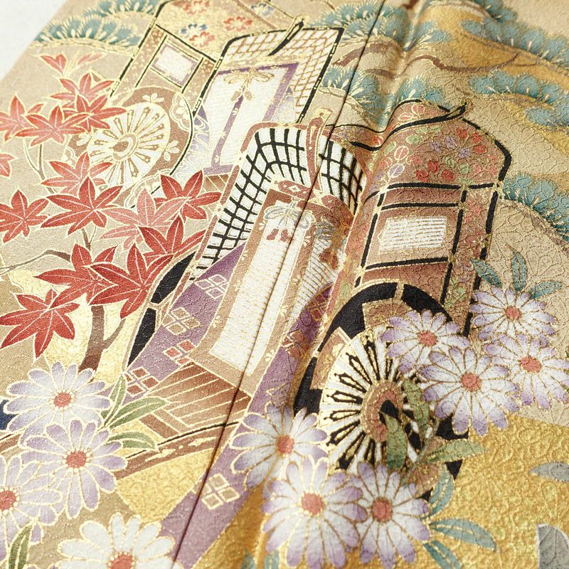 色留袖 良品 しつけ糸付き 一つ紋付き トールサイズ 正絹 風景柄 袷仕立て 身丈174cm 裄丈71cm リサイクル着物 着物 箔 引箔 金彩 結婚式 パーティー フォーマル 華やか 御所車 松 菊 小豆・エンジ_画像7