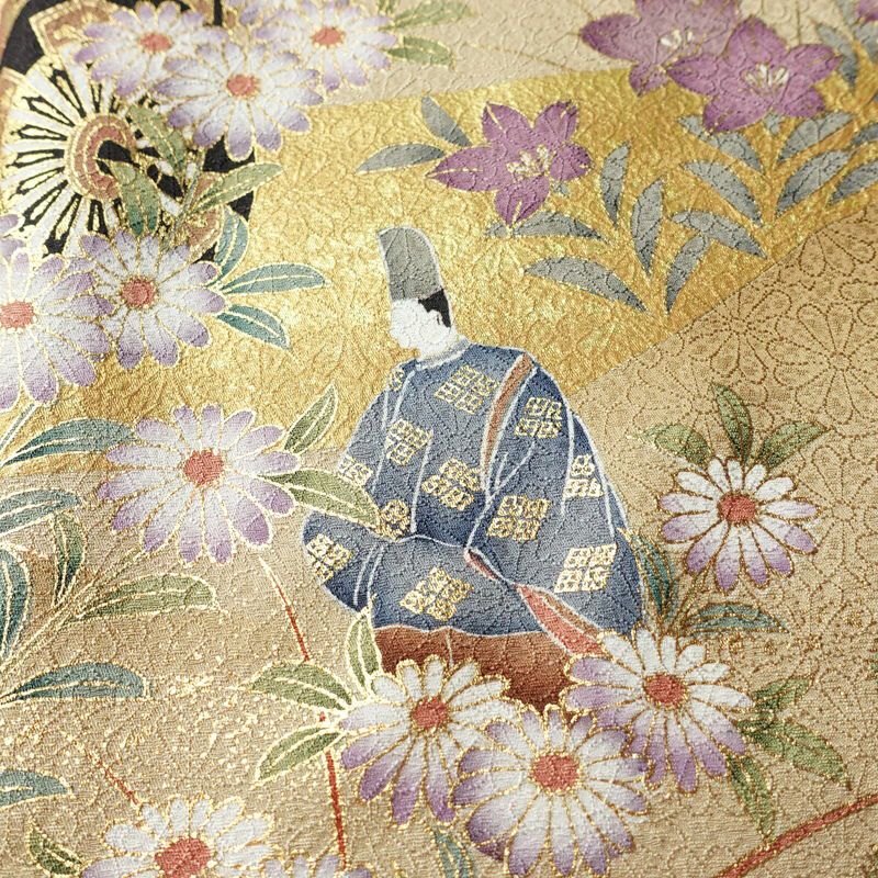 色留袖 良品 しつけ糸付き 一つ紋付き トールサイズ 正絹 風景柄 袷仕立て 身丈174cm 裄丈71cm リサイクル着物 着物 箔 引箔 金彩 結婚式 パーティー フォーマル 華やか 御所車 松 菊 小豆・エンジ_画像8