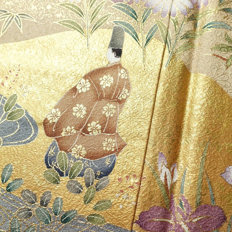色留袖 良品 しつけ糸付き 一つ紋付き トールサイズ 正絹 風景柄 袷仕立て 身丈174cm 裄丈71cm リサイクル着物 着物 箔 引箔 金彩 結婚式 パーティー フォーマル 華やか 御所車 松 菊 小豆・エンジ_画像11