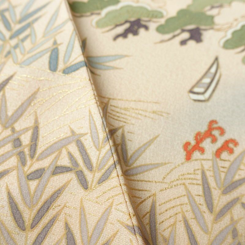 訪問着 良品 しつけ糸付き 正絹 古典柄 袷仕立て 身丈160.5cm 裄丈65cm リサイクル着物 着物 箔 金彩 入学式 卒業式 七五三 お宮参り フォーマル 上品 松 ベージュ_画像11