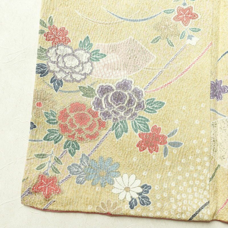 小紋 良品 正絹 花柄 袷仕立て 身丈162.5cm 裄丈67cm リサイクル着物 一部しつけ糸付き 着物 金彩 黄・黄土色_画像12