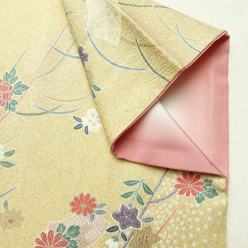 小紋 良品 正絹 花柄 袷仕立て 身丈162.5cm 裄丈67cm リサイクル着物 一部しつけ糸付き 着物 金彩 黄・黄土色_画像14