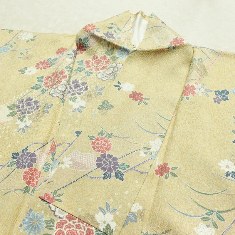 小紋 良品 正絹 花柄 袷仕立て 身丈162.5cm 裄丈67cm リサイクル着物 一部しつけ糸付き 着物 金彩 黄・黄土色_画像16