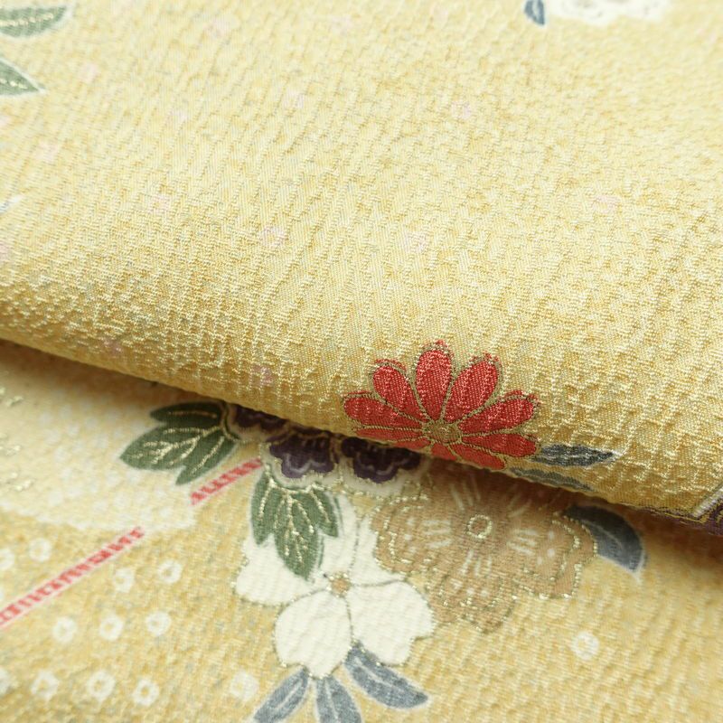 小紋 良品 正絹 花柄 袷仕立て 身丈162.5cm 裄丈67cm リサイクル着物 一部しつけ糸付き 着物 金彩 黄・黄土色_画像20