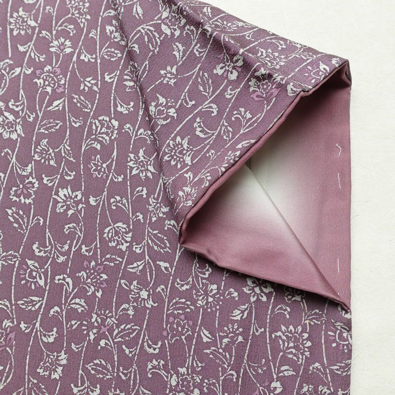 小紋 縮緬 総柄 正絹 木の葉・植物柄 袷仕立て 身丈152.5cm 裄丈64cm リサイクル着物 着物 紫・藤色_画像17