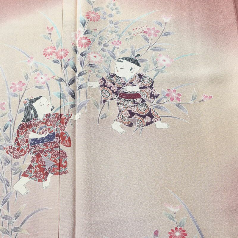 訪問着 美品 落款入り しつけ糸付き 友禅 縮緬 一つ紋付き 正絹 人物・動物柄 袷仕立て 身丈158.5cm 裄丈66.5cm リサイクル着物 着物 作家物 手描き 入学式 卒業式 七五三 お宮参り フォーマル モダン 上品 ピンク_画像6