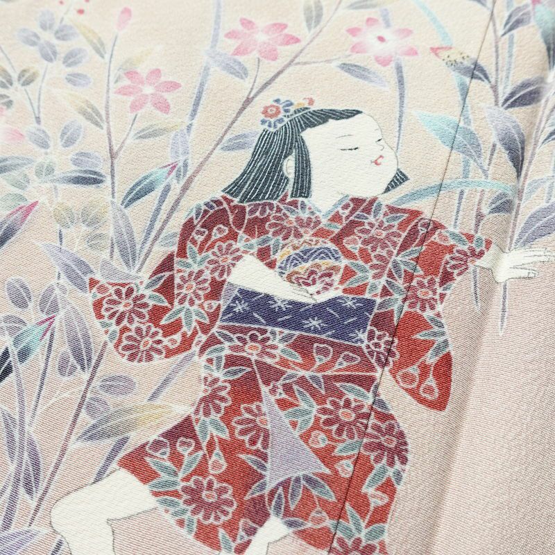 訪問着 美品 落款入り しつけ糸付き 友禅 縮緬 一つ紋付き 正絹 人物・動物柄 袷仕立て 身丈158.5cm 裄丈66.5cm リサイクル着物 着物 作家物 手描き 入学式 卒業式 七五三 お宮参り フォーマル モダン 上品 ピンク_画像8