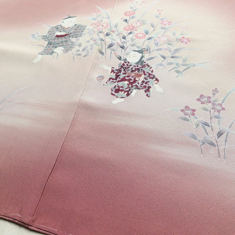 訪問着 美品 落款入り しつけ糸付き 友禅 縮緬 一つ紋付き 正絹 人物・動物柄 袷仕立て 身丈158.5cm 裄丈66.5cm リサイクル着物 着物 作家物 手描き 入学式 卒業式 七五三 お宮参り フォーマル モダン 上品 ピンク_画像12