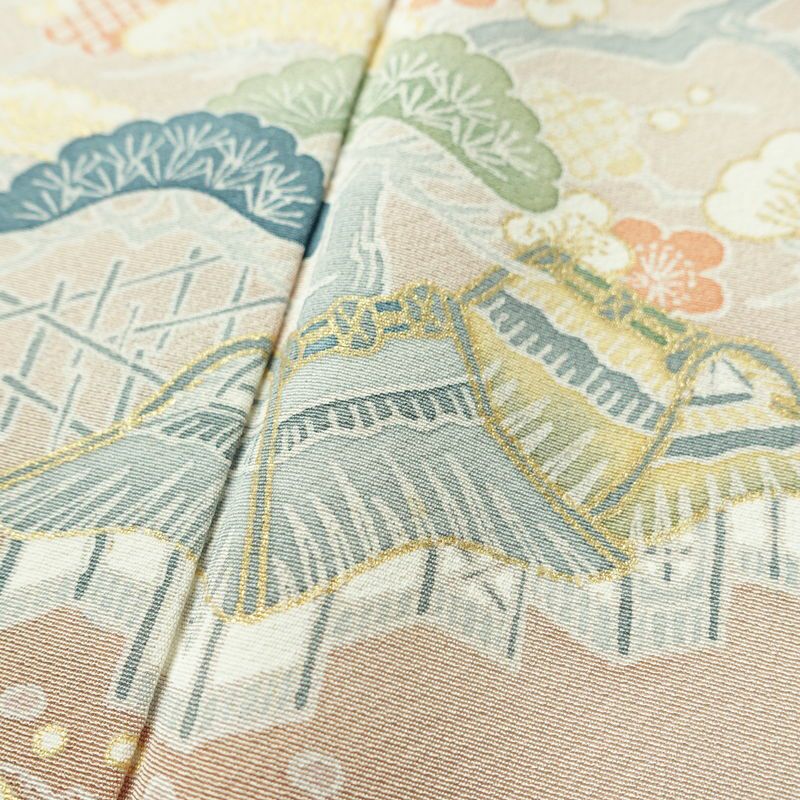 付け下げ 良品 縮緬 正絹 風景柄 袷仕立て 身丈164.5cm 裄丈70.5cm ゆったりサイズ ワイド リサイクル着物 着物 箔 金彩 入学式 卒業式 七五三 お宮参り フォーマル 上品 ベージュ_画像8