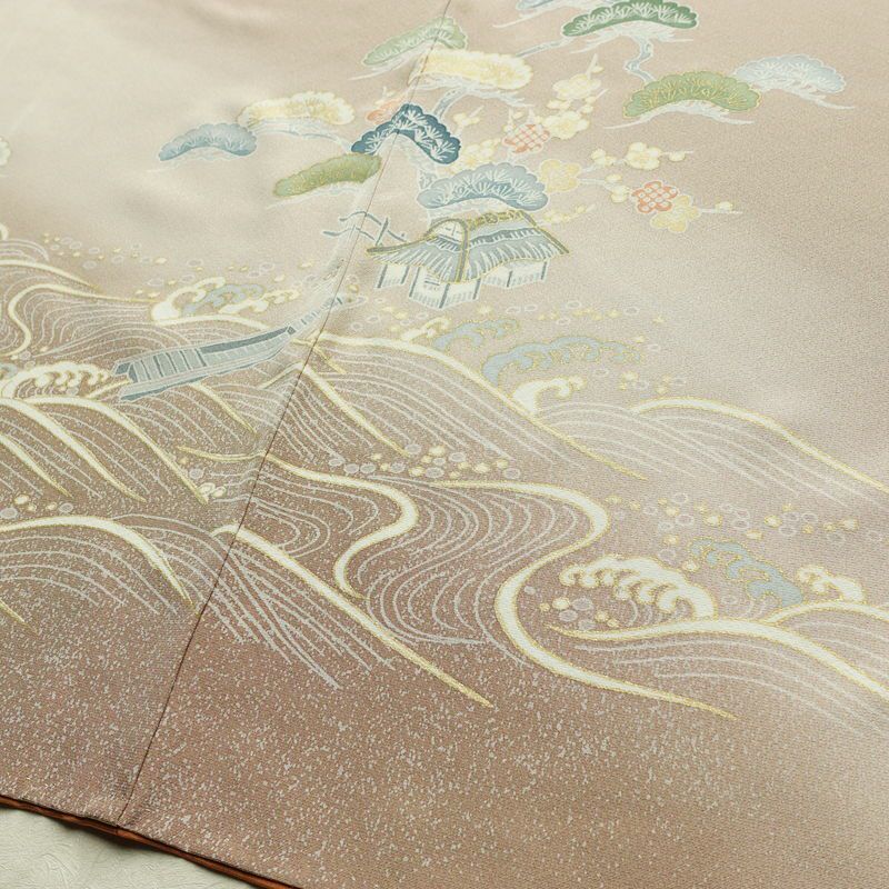 付け下げ 良品 縮緬 正絹 風景柄 袷仕立て 身丈164.5cm 裄丈70.5cm ゆったりサイズ ワイド リサイクル着物 着物 箔 金彩 入学式 卒業式 七五三 お宮参り フォーマル 上品 ベージュ_画像13